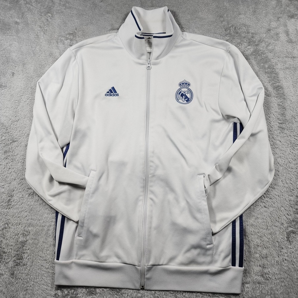 Real Madrid Jacket Mens Large White Soccer Football Adidas Full Zip Track